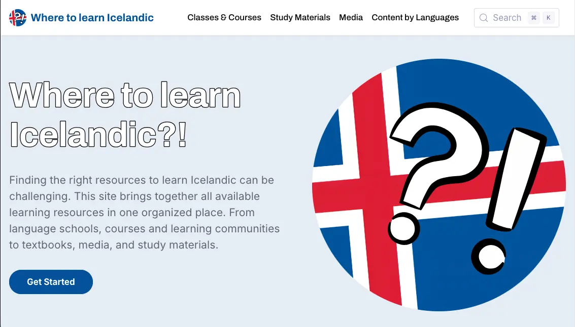 Forsíða vefsíðu Where to Learn Icelandic